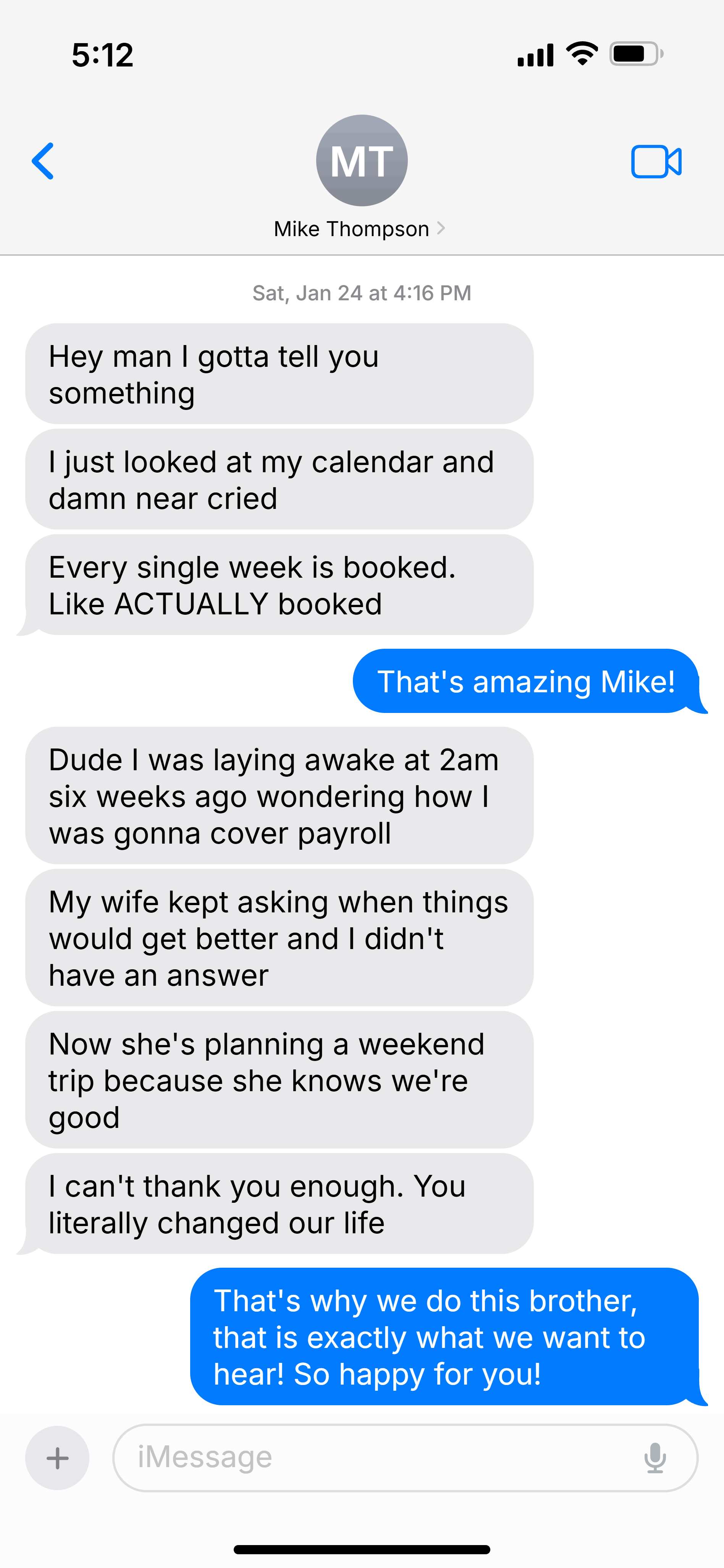 Text message testimonial from Mike Thompson