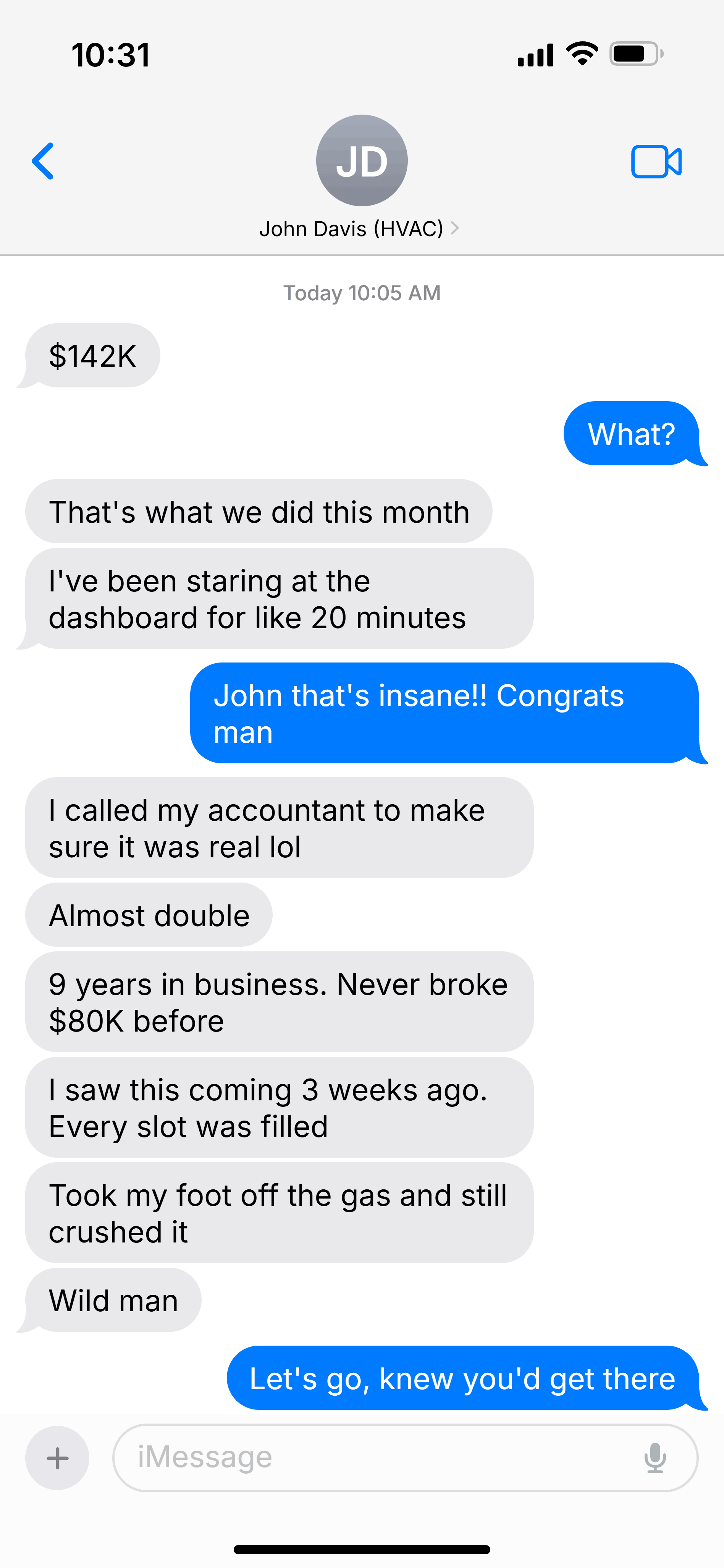 Text message testimonial from John Davis showing $142K record month